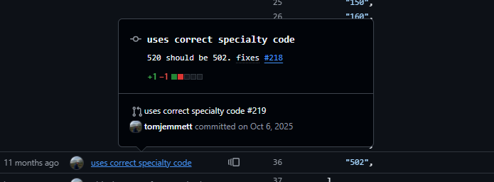 Screenshot showing git blame on a specific line on GitHub