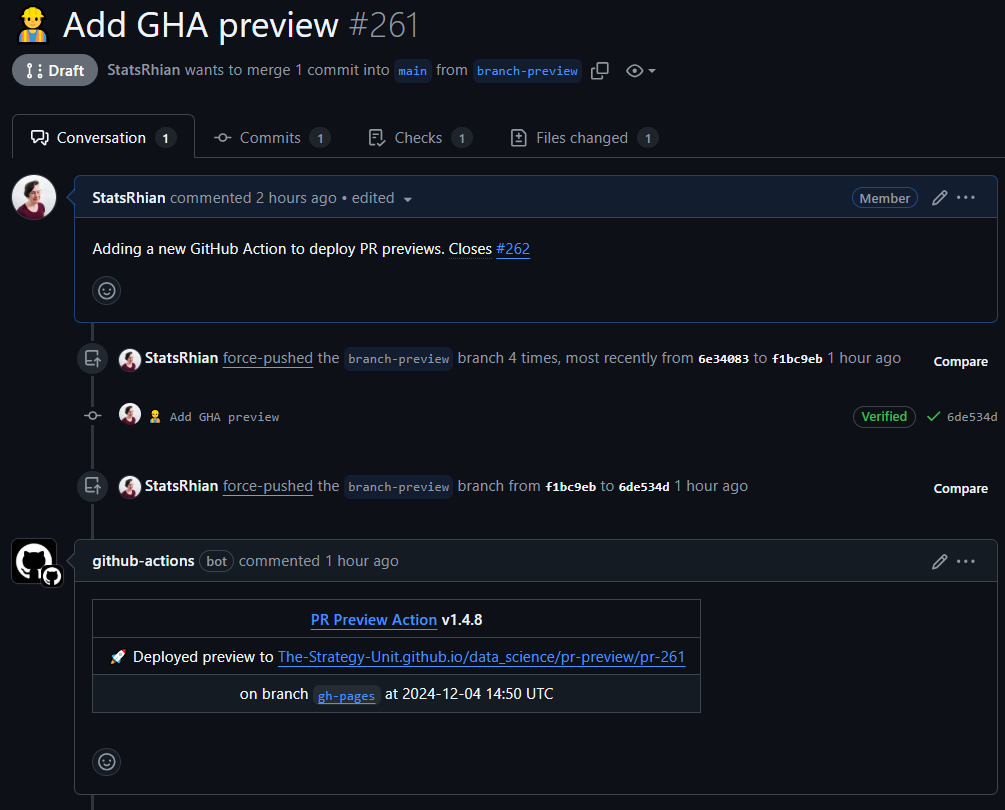 A screenshot of a GitHub PR. Under the description, there is a comment from the GitHub actions bot with links to the deployed PR.