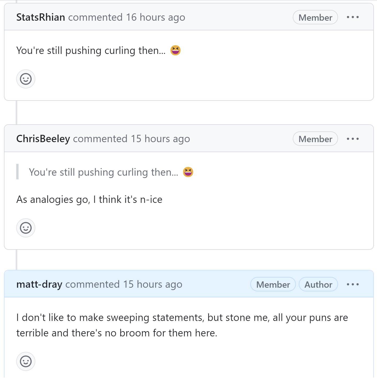 Terrible puns in the comments of a pull request. Rhian says 'you're still pushing curling then' (emphasis on 'pushing'). Chris responds 'as analogies go, I think it's nice' (emphasis on 'ice'). Matt mentions 'sweeping' statements.