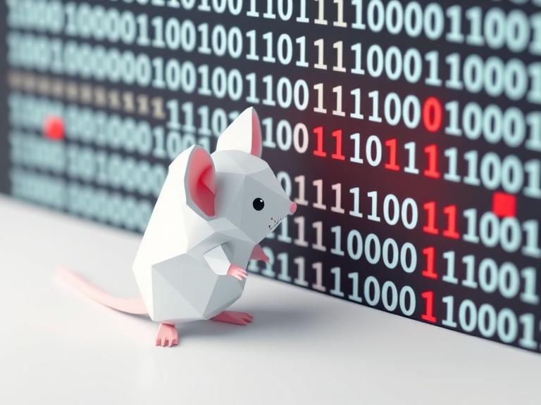 A mouse looking at a wall of binary data containing missing values. The mouse is imputing the missing values, which are coloured red.