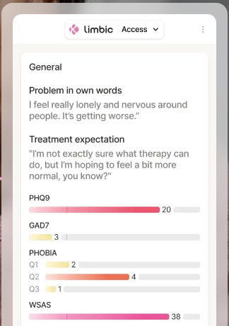 A clinician user interface to the Limbic Access system, which summarises an interaction with a patient.