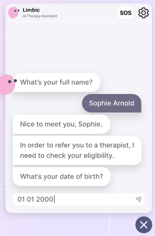 A user interface to the Limbic Access system, which shows a chatbot asking the suer if they need help. There are buttons saying 'yes' and 'not thanks'.