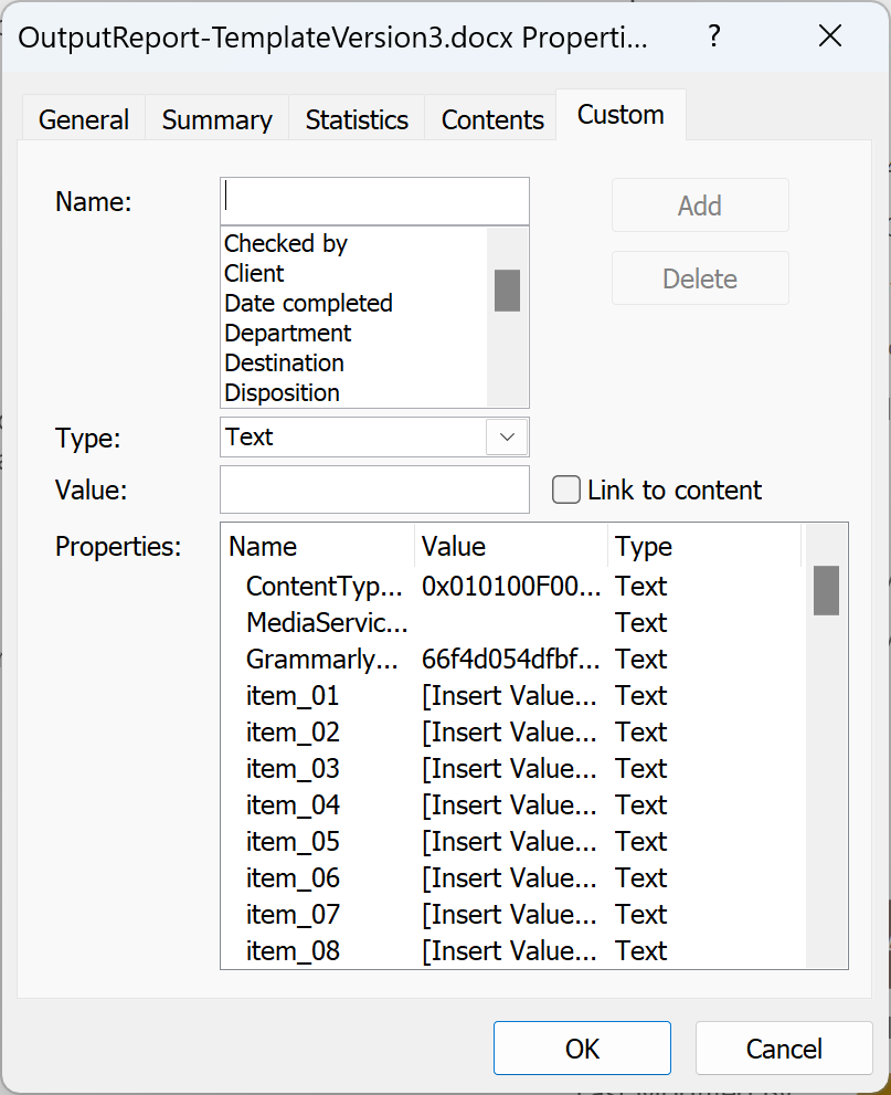 Screenshot of the custom properties dialog in Microsoft Word. A number of custom properties are shown with names like 'item_01' and placeholder values like 'Insert Value 01' in square brackets.