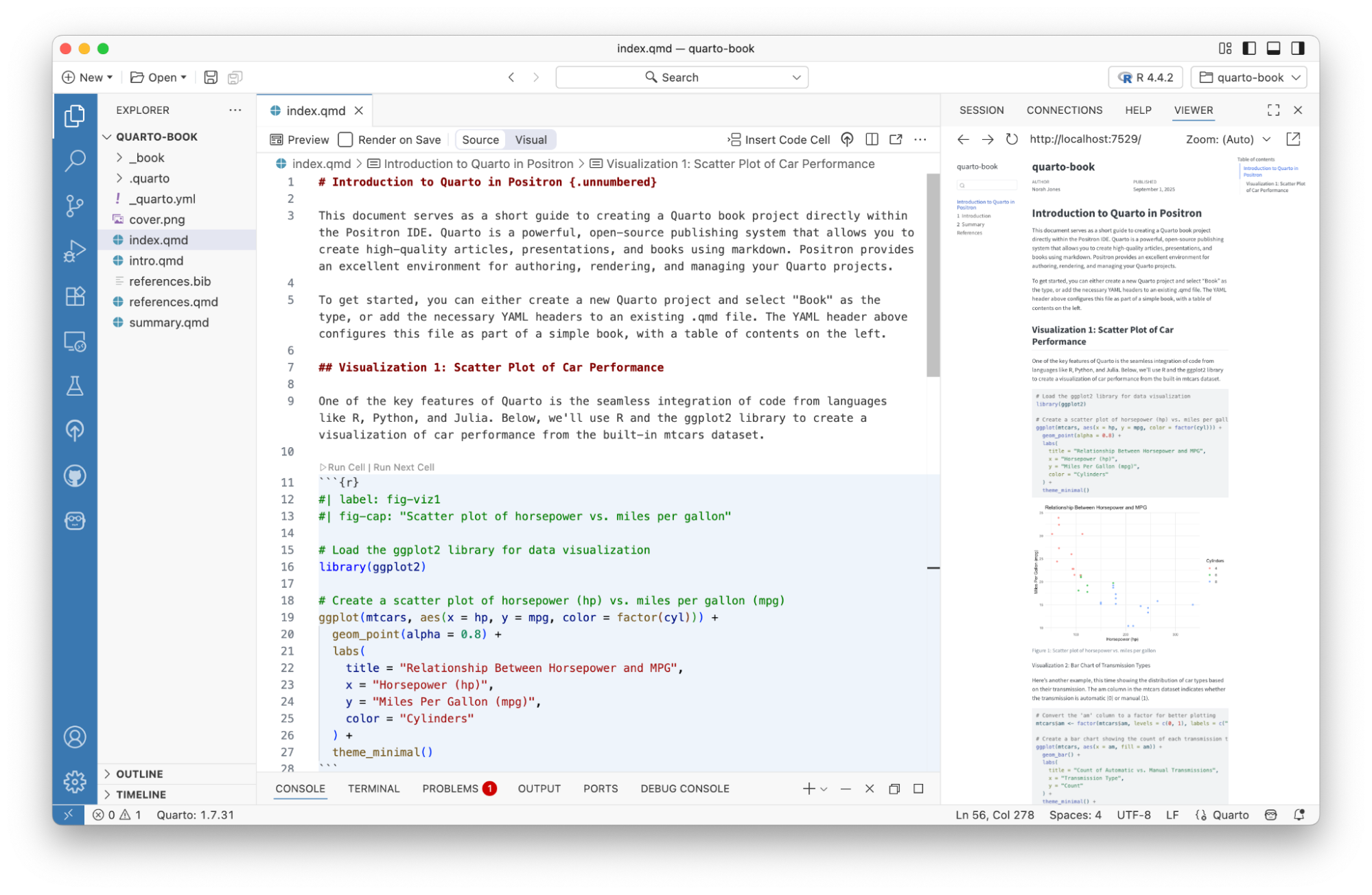 Screenshot of the Positron IDE showing a Quarto document