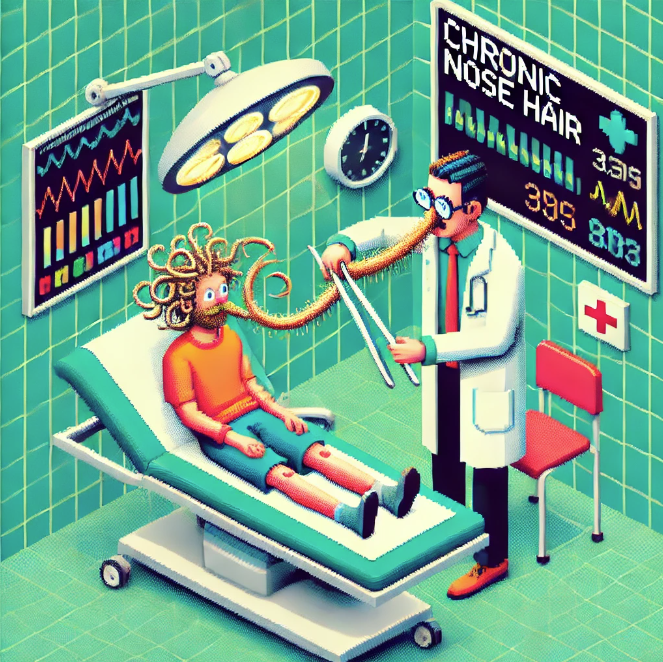 A doctor performing a procedure on a patient using a large pair of tweezers on their nose. It's in a cartoony style with isomatric projection. The wall has a sign saying 'chronic nose hair'.