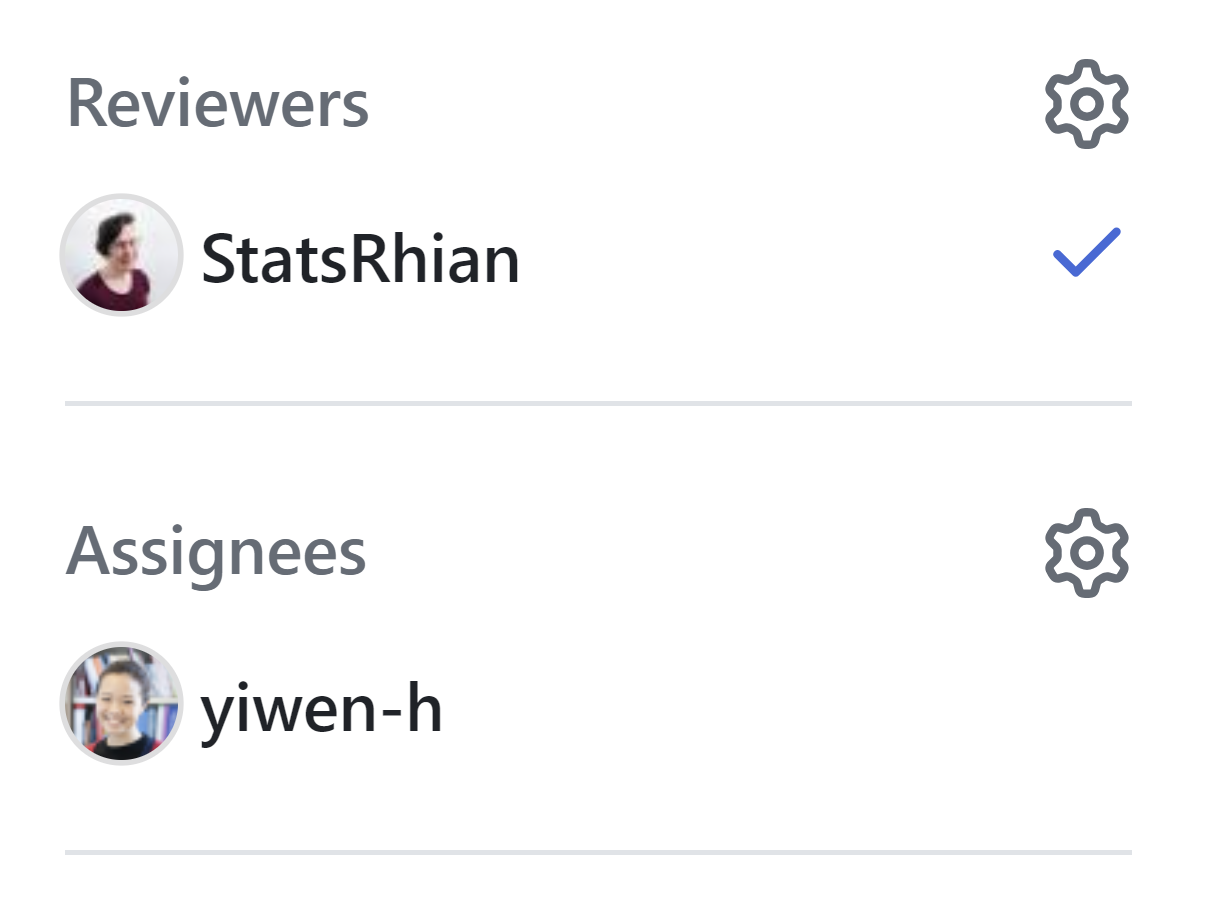 A PR request showing one person labelled as the assignee and one person identified as the reviewer.