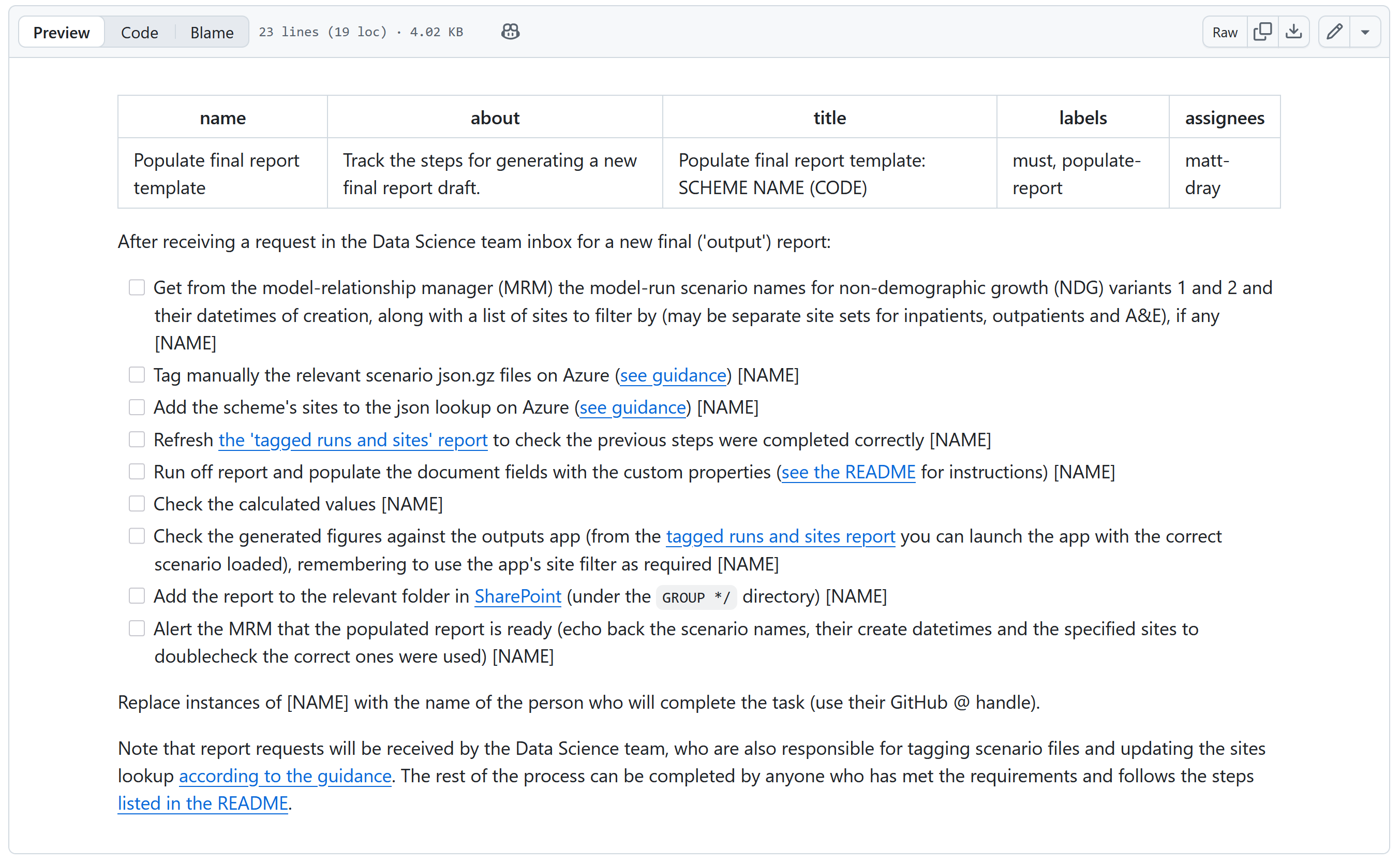 A screenshot previewing an issue template. There are checklist items explaining the steps to complete to generate a report. There are links to further information and guidance.