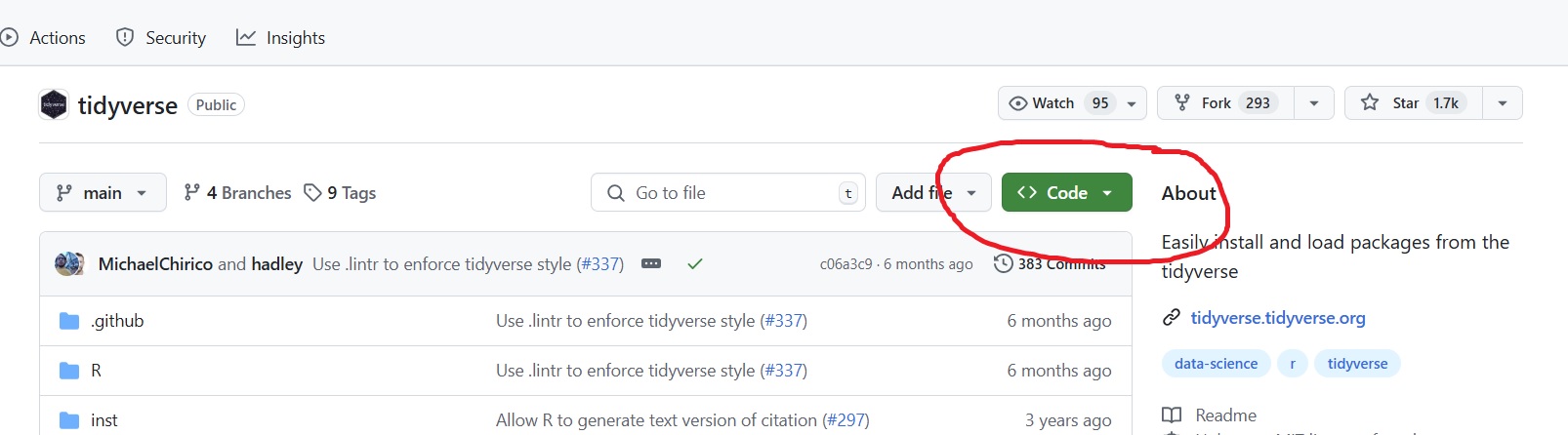 Screenshot of GitHub with the green repository code button circled in red.