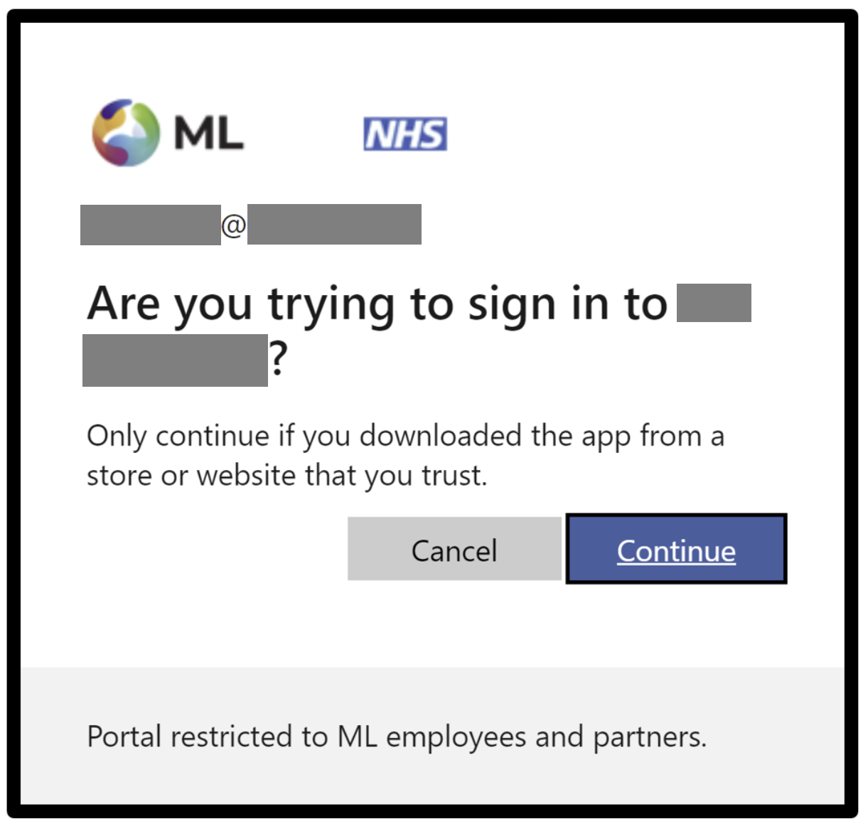 A Microsoft authentication screen asking if the user is trying to sign into a named Azure container.