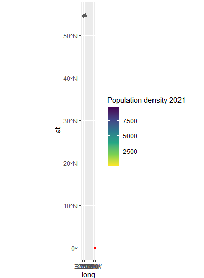 A chart with axes latitude and logitude that has been stretched so the chart itself is just a centimetre or so across but many centimetres from top to bottom. A very small country shaped blob can be seen at the very top and to the side of the chart the population density 2021 key is more clearly viewable.