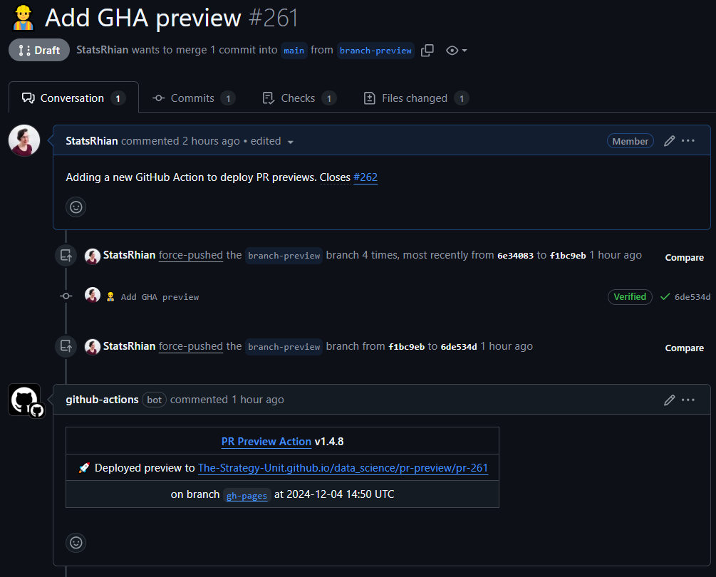 Screenshot of a conversation from GitHub with a GitHub action for the preview.