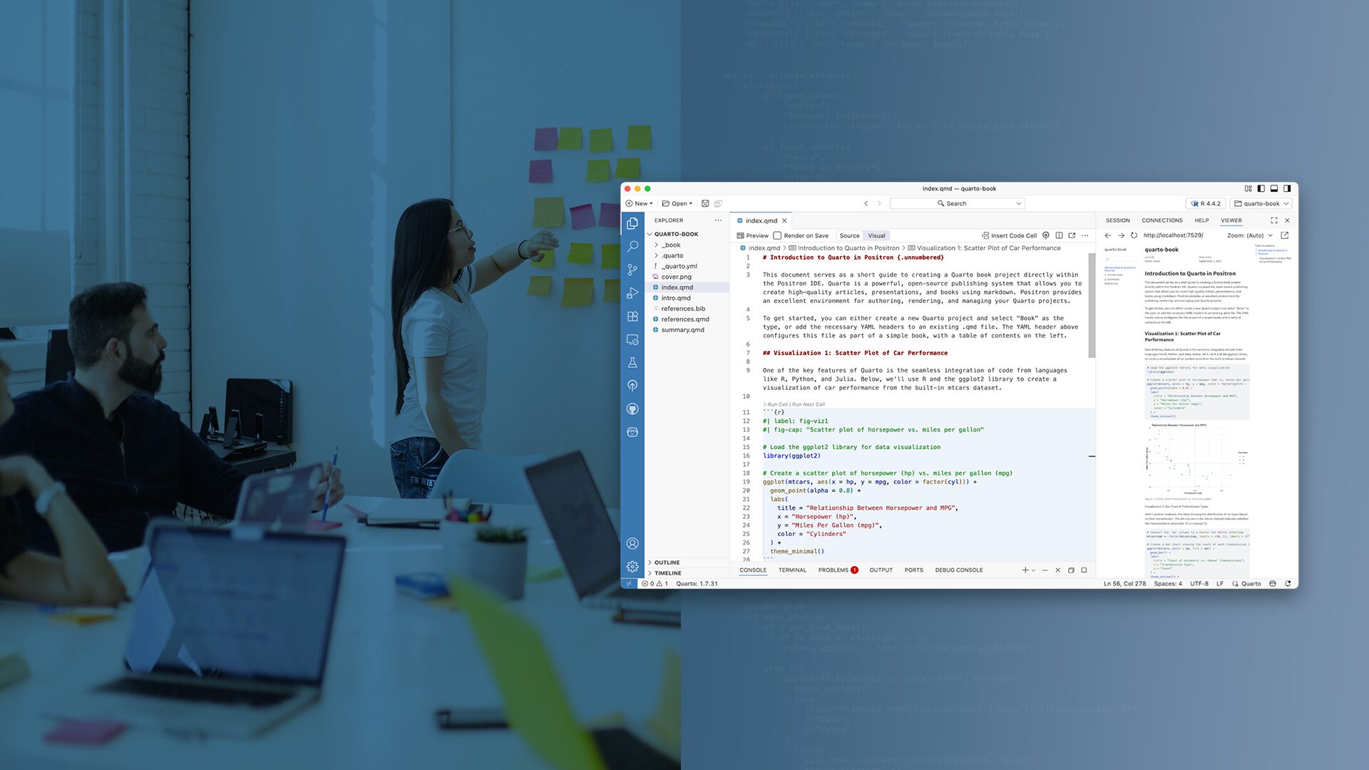 A data scientist working and an inset of the Positron IDE
