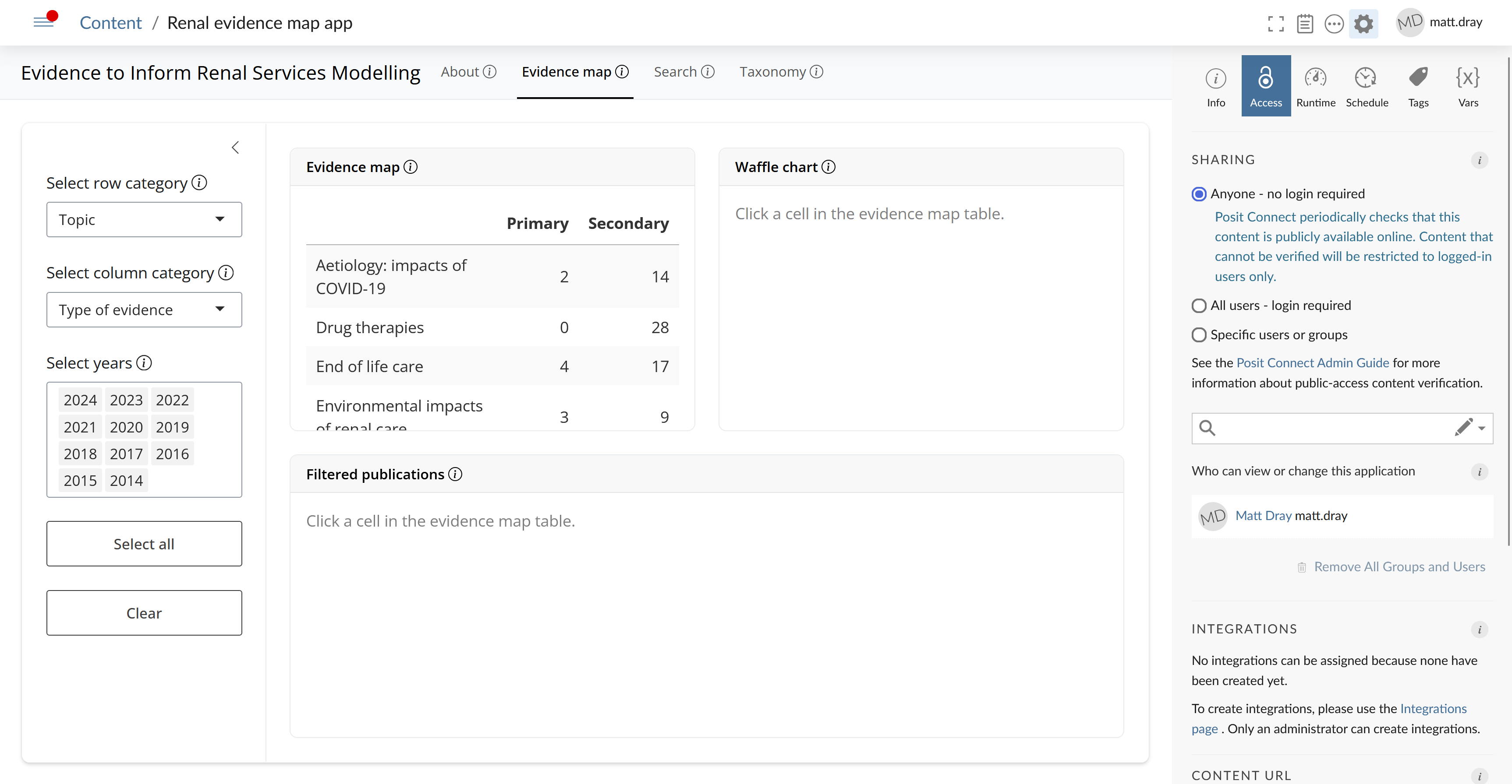 Screenshot of a Shiny app with admin panels on display abvoe and to the right of the app itself. A cog icon has been selected from the top panel, exposing the settings in the right panel. Within the right panel, the 'access' section is selected, showing that anyone can access the app without a login.