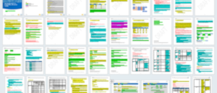 A zoomed out view of pages of a complicated-looking Word document with many chunks of text, tables and page orientations. Much of the text is highlighted in green, yellow and blue.