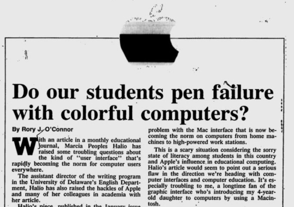 Newspaper clipping with the headline 'Do our students pen failure with colorful computers?' from an educational journal in the 1980s. Shared by Pessimists Archive.