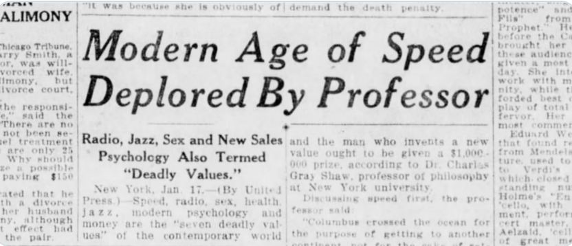 Newspaper clipping with the headline 'Modern Age of Speed Deplored By Professor' from 1926, warning against radio, jazz, and new psychology. Shared by Pessimists Archive