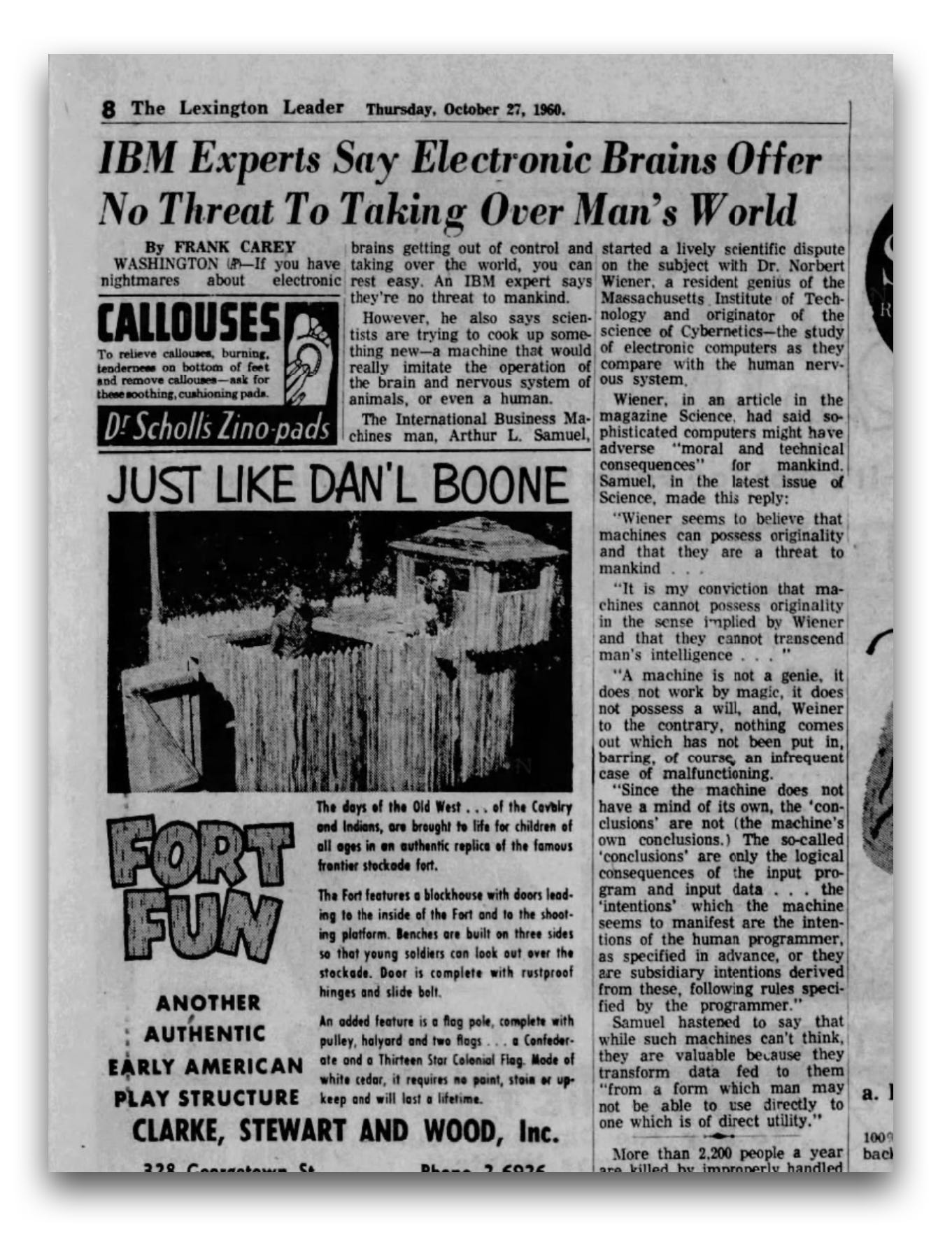 Historical newspaper clippings showing press coverage of the debate between Norbert Wiener's automation warnings and IBM's response. Sourced from the Pessimists Archive newsletter