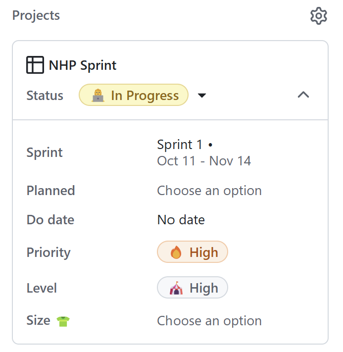 An excerpt from the side-panel of a GitHub issue. It'sa box showing how the issue fits into the project. There are labels to show the status, the sprint it belongs to, its planning state, due date, priority, level and size.