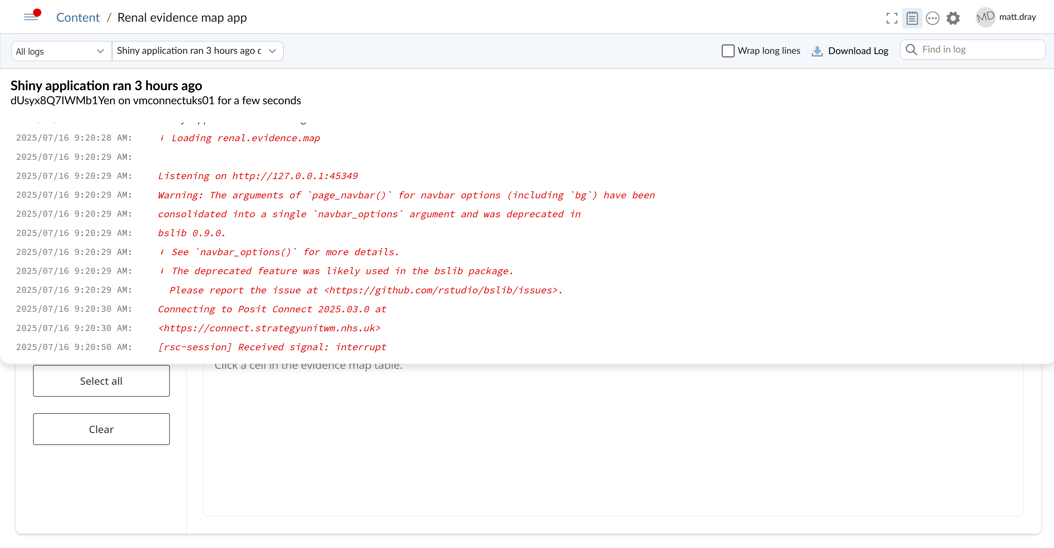 Screenshot of a Shiny app with an admin panel open at the top of the app. The logs button is selected, showing timestamped output from Posit Connect's attempt to build the app. A warning message is shown, indicating that a function from a certain package is deprecated.