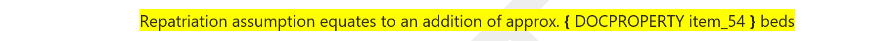 Screenshot of text in a Word document that contains placeholders. Two placeholders are in square brackets and they say 'insert value' and then a number (55 and 56 in this case). The other placeholder is in curly brackets and says 'DOCPROPERTY item_54'.