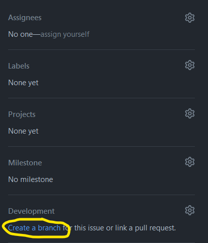 Screenshot of GitHub with the hyperlink to Create a branch highlighted under the category of Development.