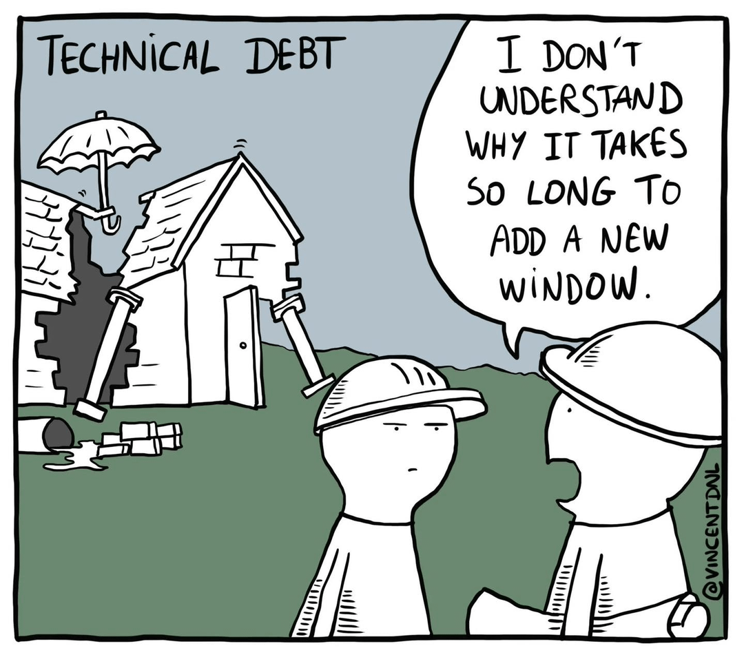 A foreman in front of a broken house saying 'I don't understand why it takes so long to add a new window'